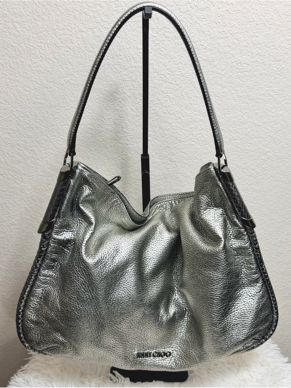 Jimmy Choo Zoe Silver Metallic Pebbled Leather Shoulder Hobo Bag w/COA